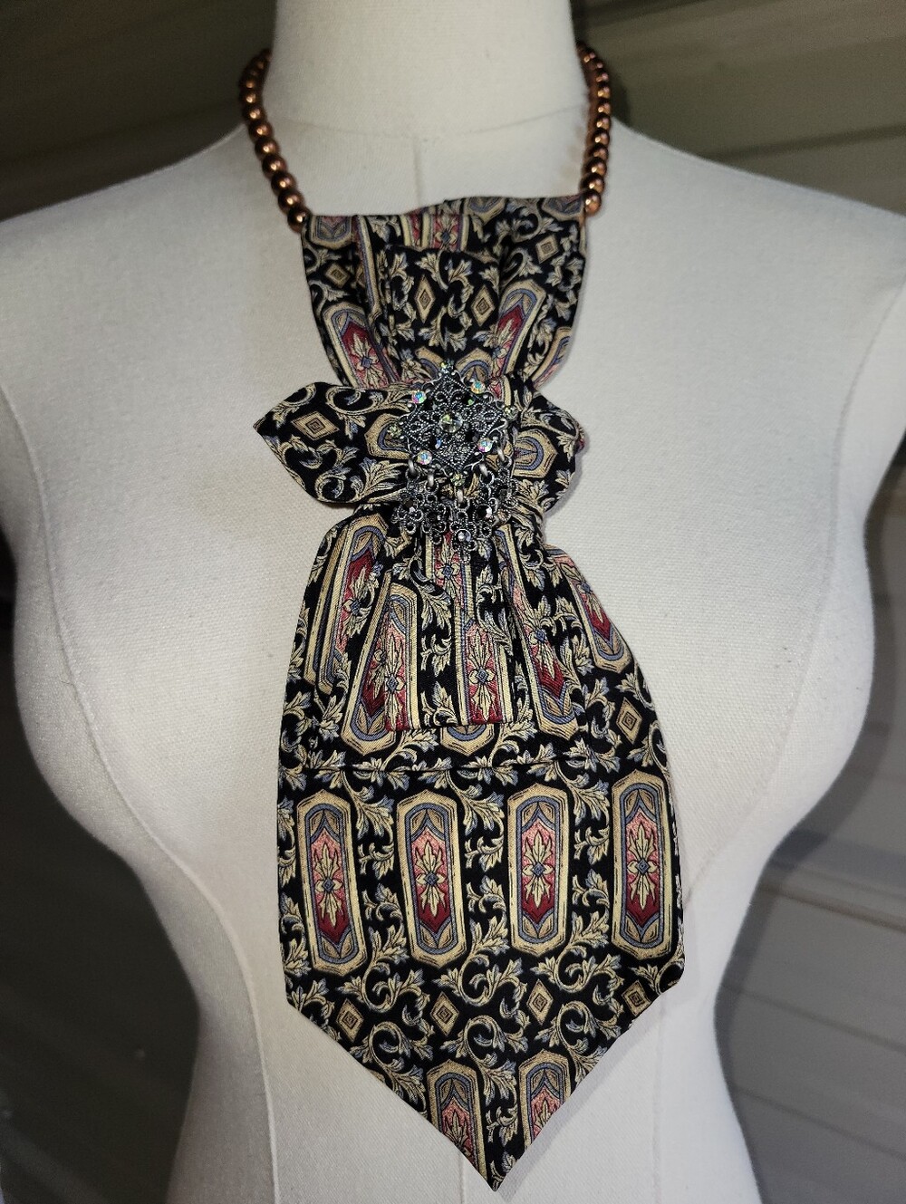 Bill Blass Silk Black Paisley-Style Tie Necklace with Pendant